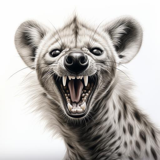 a hyena laughing, funny, cute, realistic, crazy eyes, white background
