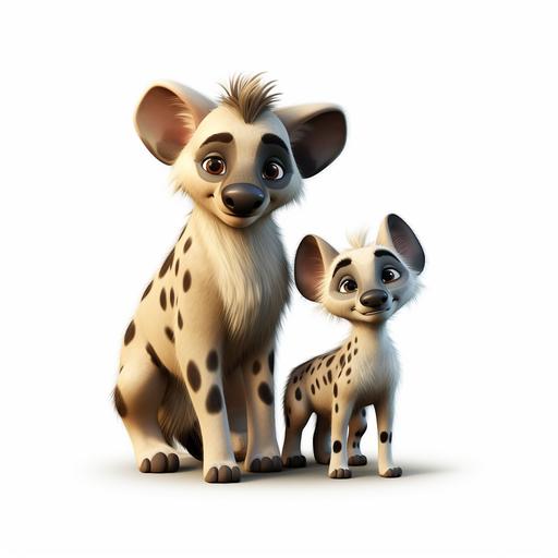 a hyena with a baby hyena, cartoon style, disney style, white backround, high quality, 3d rendered