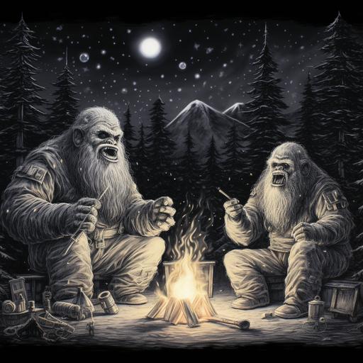 a hyper detailed drawing of two huge bigfoot creatures sitting by a large camp fire, one is howling with laughter while the other is making a 