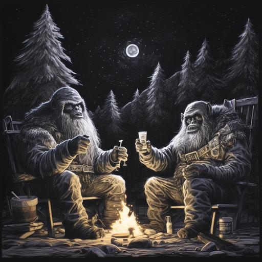 a hyper detailed drawing of two huge bigfoot creatures sitting by a large camp fire, one is howling with laughter while the other is making a 