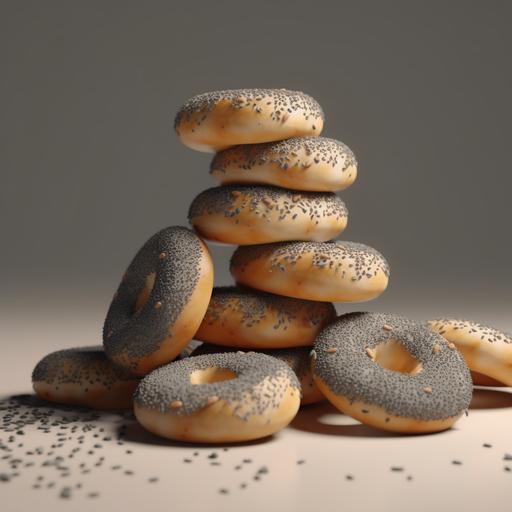 a hyper realistic 3D animation of a poppy seed bagels stacked on top of each other in the form of a loose pyramid --ar 1:1 --v 5