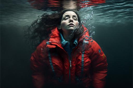 a hyper realistic and hyper detailed under water photograph of a brunette woman wearing a red windbreaker jacket and jeans floating under deep ocean water, face looking upwards reaching towards light casting from above, one foot has as shoe and another missing, dark and gloomy water, dirty water, vinette, paranormal, wide field of view, centered, full shot, Full-length portrait, stunned facial expression, ocean foam, bubbles, ocean debris, motionless, sad, intense, detailed texture, hazy water, dark lighting, cinematic, dramatic, depth of field, tilt shift, anamorphic wide lense, cooke panchro, light flares, 3/4 angle shot, color graded image, white balanced image, 4k, high resolution, film portra 800 look, gregory crewdson style, film grain, --ar 3:2
