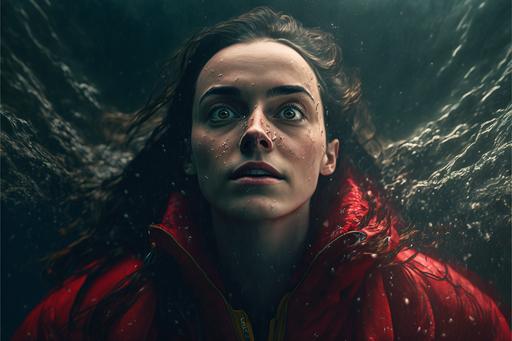 a hyper realistic and hyper detailed under water photograph of a brunette woman wearing a red windbreaker jacket and jeans under deep ocean water, face looking upwards towards light casting from above, dark and gloomy water, dirty water, vinette, paranormal, Long Shot, wide field of view, stunned facial expression, ocean foam, bubbles, ocean debris, motionless, sad, intense, detailed texture, hazy water, dark lighting, cinematic, dramatic, depth of field, tilt shift, anamorphic wide lense, cooke panchro, light flares, 3/4 angle shot, color graded image, white balanced image, 4k, high resolution, film portra 800 look, gregory crewdson style, film grain, --ar 3:2