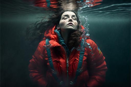 a hyper realistic and hyper detailed under water photograph of a brunette woman wearing a red windbreaker jacket and jeans floating under deep ocean water, face looking upwards reaching towards light casting from above, one foot has as shoe and another missing, dark and gloomy water, dirty water, vinette, paranormal, wide field of view, centered, full shot, Full-length portrait, stunned facial expression, ocean foam, bubbles, ocean debris, motionless, sad, intense, detailed texture, hazy water, dark lighting, cinematic, dramatic, depth of field, tilt shift, anamorphic wide lense, cooke panchro, light flares, 3/4 angle shot, color graded image, white balanced image, 4k, high resolution, film portra 800 look, gregory crewdson style, film grain, --ar 3:2