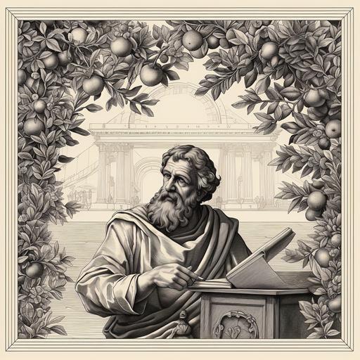 a hyper realistic black and white engraving of an ancient ornate wooden picture frame including a thoughtful greek philosopher on a mathematical background include laurel leaves