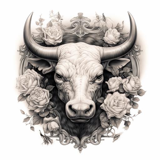 a hyper realistic black and white engraving of an ornate wooden picture frame including a thoughful bull looking to the right include roses