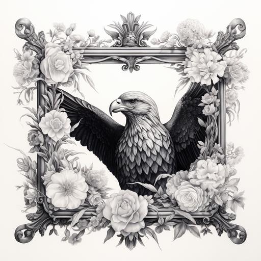 a hyper realistic black and white engraving of a vintage wooden ornate picture frame including the head of an eagle and peonies