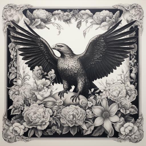 a hyper realistic black and white engraving of an ornate vintage wooden picture frame with an eagle and peonies