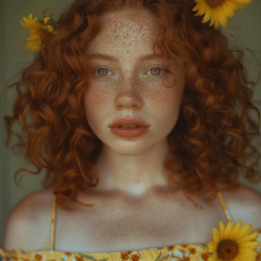 a hyper realistic candid photograph of a pretty young woman who has red curly hair, she has slightly big light brown eyebrows, light brown doe eyes, a slim small nose, wide lips, pale white skin, a heart shaped face, and light freckles. she's wearing a yellow sundress that has sunflowers on it
