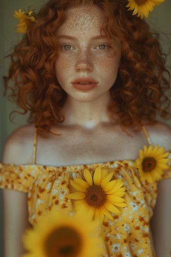 a hyper realistic candid photograph of a pretty young woman who has red curly hair, she has slightly big light brown eyebrows, light brown doe eyes, a slim small nose, wide lips, pale white skin, a heart shaped face, and light freckles. she's wearing a yellow sundress that has sunflowers on it --ar 2:3