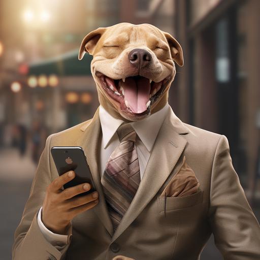 a hyper realistic dog wearing a suit working as a profesional salesman, using a cell phone and happy facial expression