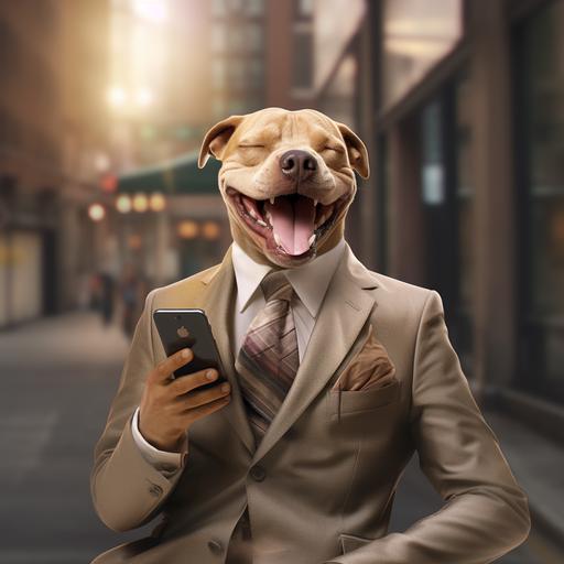 a hyper realistic dog wearing a suit working as a profesional salesman, using a cell phone and happy facial expression
