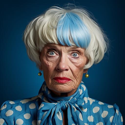 a hyper-realistic editorial style portrait photograph of an old wrinkled woman in a polka dot shirt, with a blonde bob hair cut and bangs, bright blue eyeshadow and long eyelashes, a strange facial expression, big earrings, looking off into the distance. her proportions are off making it feel eerie, grotesque and distorted.