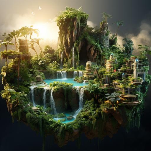 a hyper realistic floating island with a jungle, all being illuminated by a setting sun. The island should have lots of stalagtites and chunks of dirt underneath it. The jungle should be rich and filled with exotic plants and a few animals. The sun rays should be penetrating deep into the trees and show brilliant scintillations of everything.