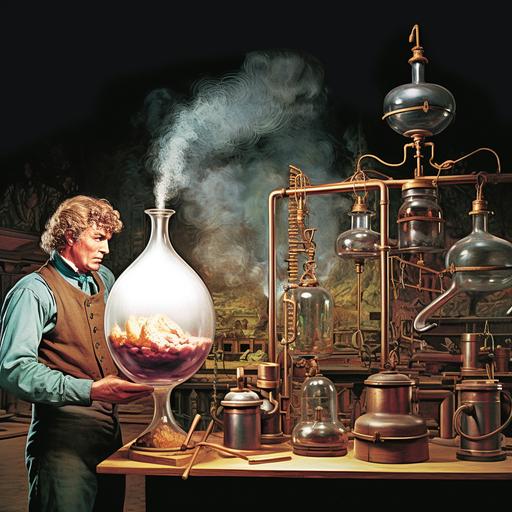 a hyper-realistic high fashion photograph that artistically captures the monumental 18th-century moment when Carl Wilhelm Scheele discovered oxygen. Picture a sophisticated tableau set within a Victorian laboratory, rich with period detail. Plethora of authentic scientific apparatus--glass bell jars, burners, and brass instruments. The exact moment oxygen is isolated is dramatized by a subtle, yet radiant glow emanating from the experiment, casting ethereal light across the scene. For this shoot, use a Phase One IQ4 150MP Camera System paired with a Schneider Kreuznach 80mm LS f/2.8 lens for impeccable detail, depth, and clarity