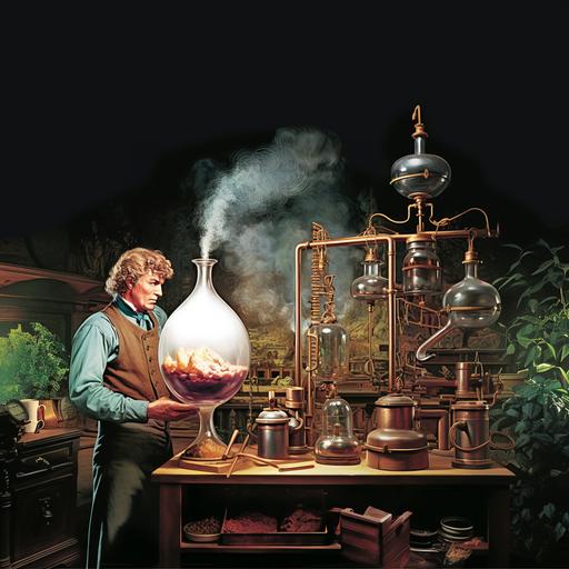 a hyper-realistic high fashion photograph that artistically captures the monumental 18th-century moment when Carl Wilhelm Scheele discovered oxygen. Picture a sophisticated tableau set within a Victorian laboratory, rich with period detail. Plethora of authentic scientific apparatus--glass bell jars, burners, and brass instruments. The exact moment oxygen is isolated is dramatized by a subtle, yet radiant glow emanating from the experiment, casting ethereal light across the scene. For this shoot, use a Phase One IQ4 150MP Camera System paired with a Schneider Kreuznach 80mm LS f/2.8 lens for impeccable detail, depth, and clarity