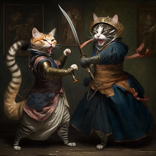 a hyper realistic man and woman are ninjas wearing 17th century dresses. they both have angry cat faces and fish for hands. the hand fish are holding the ninja swords. they are fighting inside of a hyper realistic looking artist studio with paints everywhere.