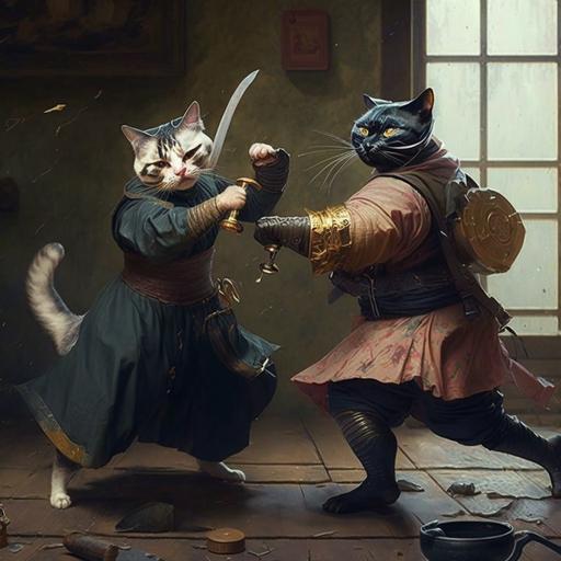 a hyper realistic man and woman are ninjas wearing 17th century dresses. they both have angry cat faces and fish for hands. the hand fish are holding the ninja swords. they are fighting inside of a hyper realistic looking artist studio with paints everywhere.