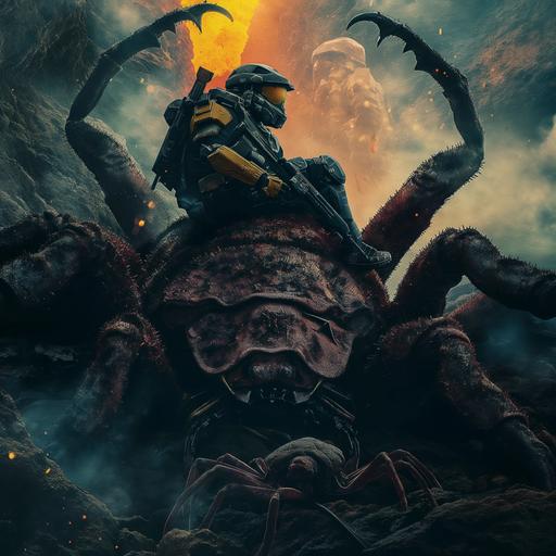 a hyper realistic movie poster of helldivers 2 video game (similar to starship troopers) with a character sitting on top a dead horrifying massive starship troopers like bug after a battle. He comically relexed while he lays on top of it staring at the cañería. Poster should have space for text that will be whit. Make it photorealistic, cinematic, dramatic lighting. Movie poster dimensions and feel. Incorporate blue accents so it not too red. Character should look like a beefed up version of Bobba Fett but with a different helmet, more halo style. and a starship trooper style rifle. It must be ULTRA HD photorealistic --v 6.0