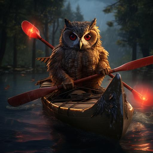 a hyper-realistic owl with red eyes paddling a canoe in the river