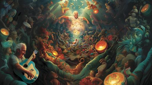 a hyper realistic photograph of Jimmy Buffett with a glowing halo above his head playing guitar surrounded by aquatic creatures like sharks, fish, lobsters and shrimp, and money and other physical manifestations of supreme wealth, in a lush psychedelic angelic lounge in heaven, the great beyond, the final hurrah, very detailed, intricate, fragile, obscure, odd, bizzare --ar 16:9 --v 5.1 --style raw --upbeta --s 250