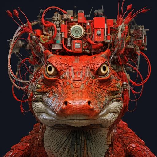 a hyper realistic portrait of a mixed animal made of red alligators, cats, mushroom and eletronic circuits.
