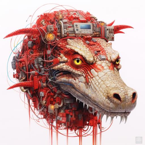 a hyper realistic portrait of a mixed animal made of red alligators, cats, mushroom and eletronic circuits.