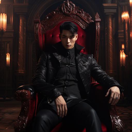 a hyper realistic young asian vampire sitting in a fancy chair in their gothic castle. THey have glowing red eyes at mid close range. 4k, ar 16:9