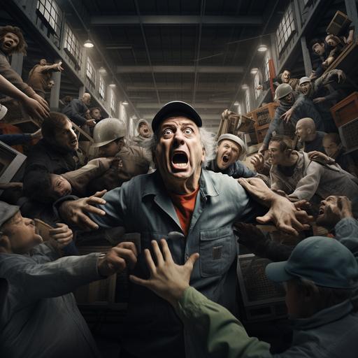 a hyperreal surreal scene of a middle-aged warehouse worker being driven mad by the stupidity of others