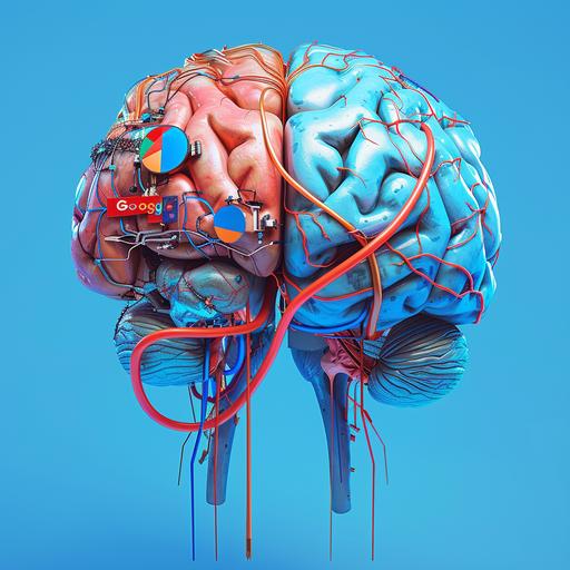 a hyperrealistic cyber punk human brain with cables between the muscles, joining its two parts, facing the camera. The left side has the chatgpt logo and the left loop has the google gemini logo. The background must be electric blue, full, without shadows or nuances