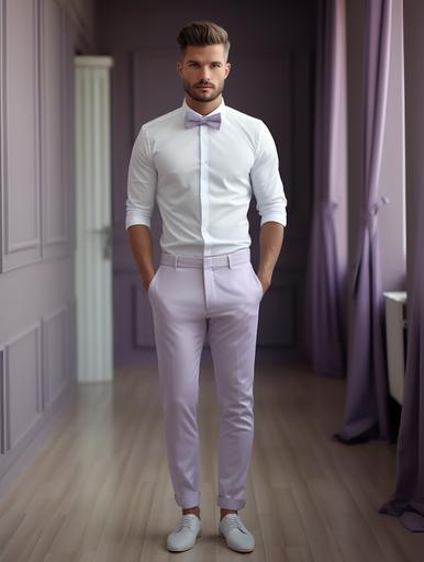 a hyperrealistic full body photo of a handsome model wearing a white shirt with lavender color pants and a darker shade of lavender bow tie, he is also wearing white sneakers. The background is plain solid lavender color with light wood floor. He looks at the camera smiling --ar 3:4