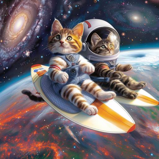 a hyperrealistic image of a brown and white tabby, and a black and grey tabby in space, looking at a small earth in the distance. They are each riding a surfboard. Both cats are wearing astronaut helmets. Background of distant galaxies and stars. The tabbies are inter-galactic travelers. --v 6.0