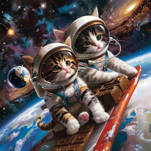 a hyperrealistic image of a cute brown and white tabby and a cute black and grey tabby in space, looking down at planet earth. The brown and white tabby wears an astronaut helmet and is riding on a chocolate bar surfboard. The black and grey tabby wears an astronaut helmet and is riding on a chinese mooncake-like surfboard. Background of distant galaxies and stars. The tabbies are inter-galactic travellers.
