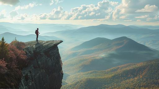 a hyperrealistic image of a hiker (in the foreground) standing on cliff facing away from camera looking out over vista of vermont mountains person is positioned in bottom left of frame so that the centre of the image is the distant mountains --ar 16:9