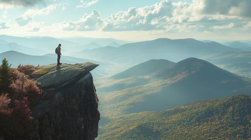 a hyperrealistic image of a hiker (in the foreground) standing on cliff facing away from camera looking out over vista of vermont mountains person is positioned in bottom left of frame so that the centre of the image is the distant mountains --ar 16:9 --v 6.0