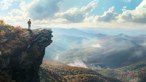 a hyperrealistic image of a hiker standing on cliff facing away from camera looking out over vista of vermont mountains person is positioned in bottom left of frame so that the centre of the image is the distant mountains --ar 16:9