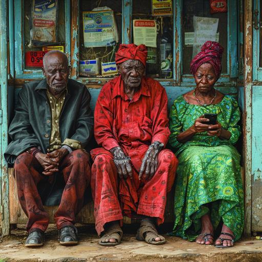 a hyperrealistic image of an elderly african man dressed in red, his african friend dressed in black and an african lady dressed in green. They are all seated near a kiosk. They have animated faces. The lady is holding a phone. The background is a rural setup. --s 250