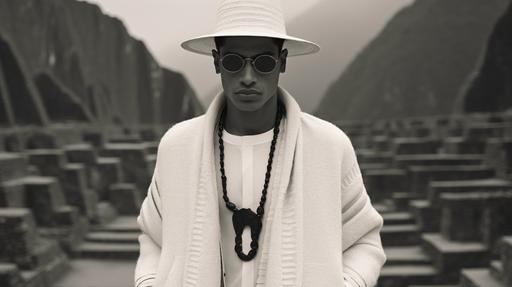 a hyperrealistic italian male fashion model wearing a machu picchu inspired oversized fashion design, haute cauture, high fashion, chanel style, minimalistic, black and white, hd, --ar 16:9
