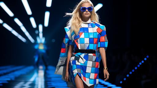 a hyperrealistic runway photograph of a brazilian model wearing an 8-bit inspired oversized design, haute caute, high fashion, walter vanbeirendonckstyle, napels as background, stars, hd, --ar 16:9