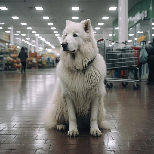 a hyperrealisticc dog waiting for his owner outside the supermarket, the dog is a dog of big breed, white color, its a rainy day
