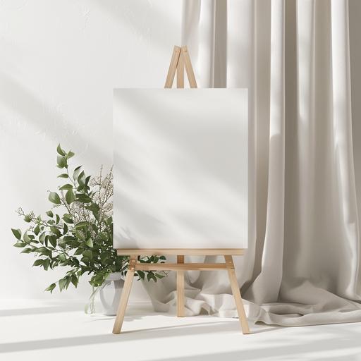 a hyperreaslistic wedding sign mockup. the image shows a portrait blank wedding welcome sign on an easel in front of a simple, elegant background