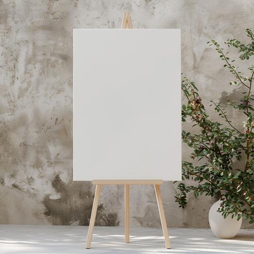 a hyperreaslistic wedding sign mockup. the image shows a portrait blank wedding welcome sign on an easel in front of a simple, elegant background