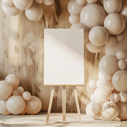 a hyperreaslistic wedding sign mockup. the image shows a blank wedding welcome sign on an easel in front of a neutral dramatic balloon display