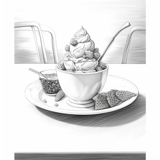 a ice cream on the table on a sonny day - reduced without background, black and white outlines pencil, minimalistic