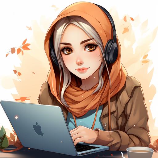 a independent women with laptop behind a desk , low detail , cartoon style with hijab , --style raw --s 750