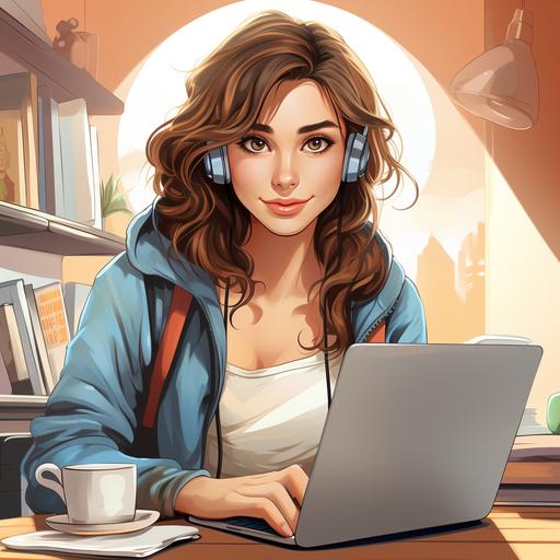 a independent women with laptop behind a desk , low detail , cartoon style , --style raw --s 750