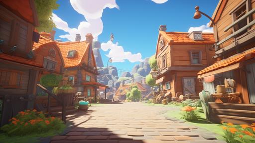 a ingame shot of a first person animal crossing kind of game, you see you hands and a enviroment with cute cartoony characters in a beautiful stylized warm colours village, POV, vr, videogame graphics, unreal engine --ar 16:9