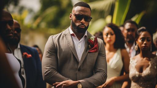a jamaican wedding being cancelled in the middle of the ceremony with the groom looking upset at the bride, --ar 16:9
