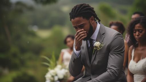 a jamaican wedding being cancelled in the middle of the ceremony with the groom looking upset and the bride crying, --ar 16:9