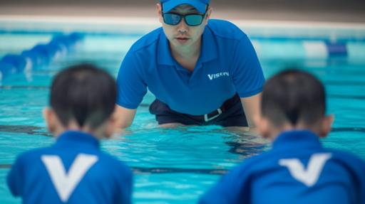 a japanese coach wearing blue with logo V, coaching two kids with blue swimming suit, --ar 16:9 --s 750 --v 5 --q 2